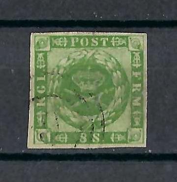 Î”Î±Î½Î¯Î± 1858 - Δανία 8 S πράσινο BREDSTED πιστοποίηση Jorgensen - Facit 8 #1.0
