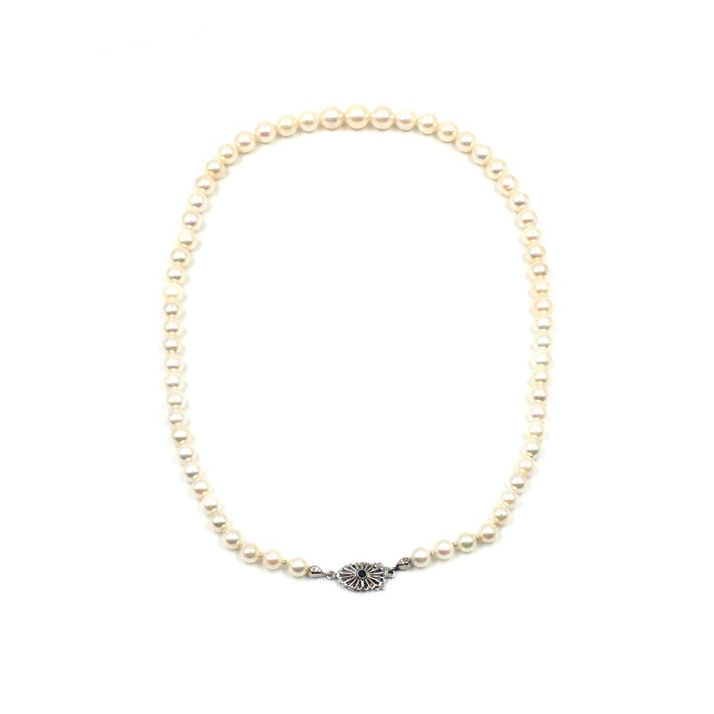 χωρίς τιμή ασφαλείας - Κολιέ - 18 καράτια Λευκός χρυσός Μαργαριτάρι - Ζαφείρι - Κολιέ με μαργαριταρένια αλυσίδα 45cm #1.0