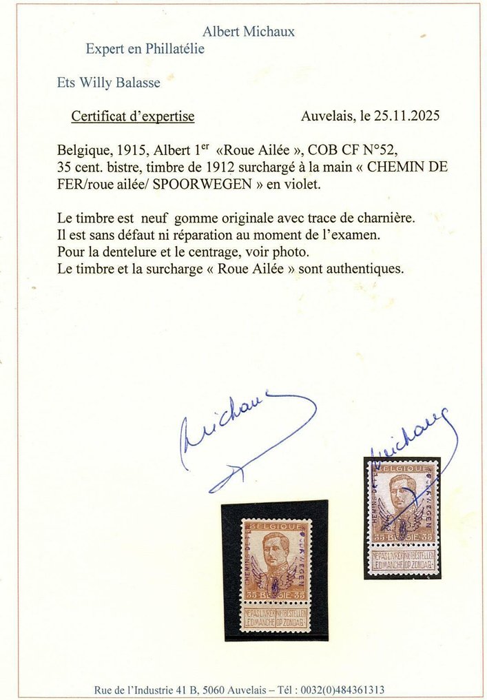 比利时 1915/1915 - COB TR CF 52 轮式翼形轮辋,价格为580欧元。 - COB TR CF 52 roue ailée côte 580€ #1.0