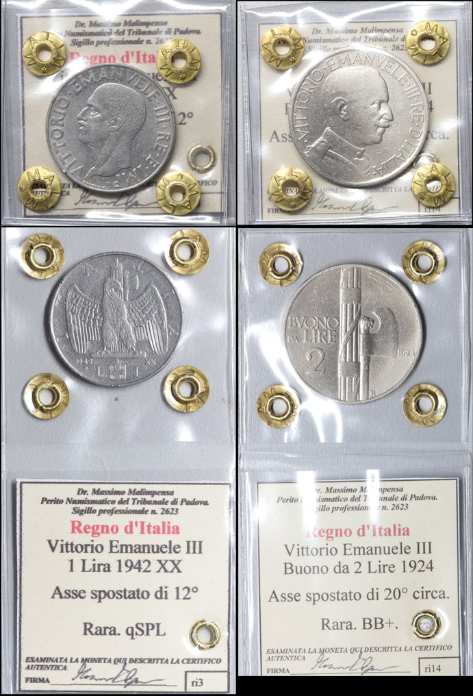 Olaszország, Királyság Vittorio Emanuele III. Lotto di 2 monete con asse spostato - Errore di coniazione - Buono da 2 Lire 1924 / 1 Lira 1942 (Nincs minimálár) #1.0