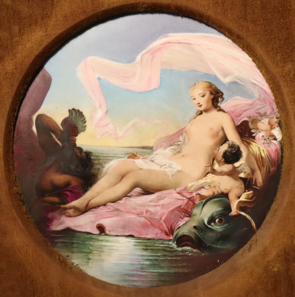 Limoges - Χειροποίητα διακοσμημένη πινακίδα με γυμνό. - Maxime Menneries (French 19th. cent.) - Πλακέτα - Πορσελάνη, Ξύλο #2.1