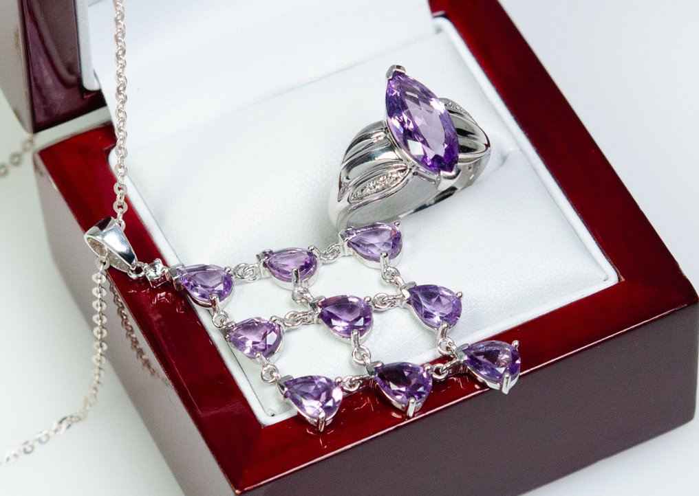 沒有保留價 - 兩件珠寶套裝 - 925 银 - 8.00 克拉紫水晶 - 钻石 #1.0