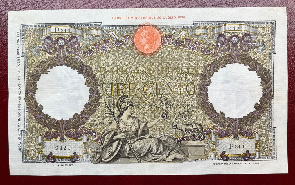 意大利. - 100 Lire 1938 - Gigante BI 19/15 (没有保留价) #1.0