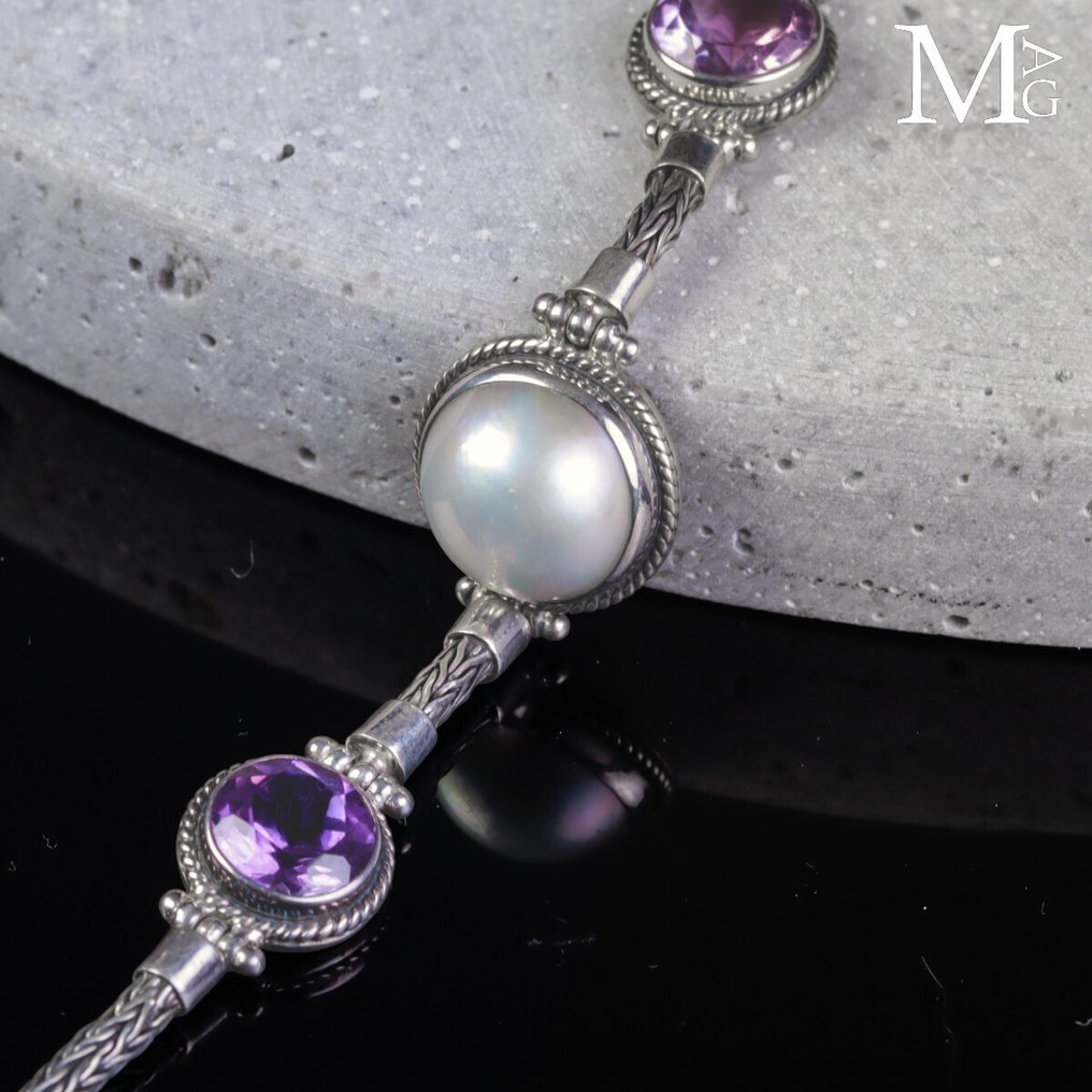 优雅银手链 - 淡水天然珍珠 - 顶级紫水晶 - 巴厘传统风格 - 高度: 210 mm - 宽度: 16 mm- 15.6 g #1.0