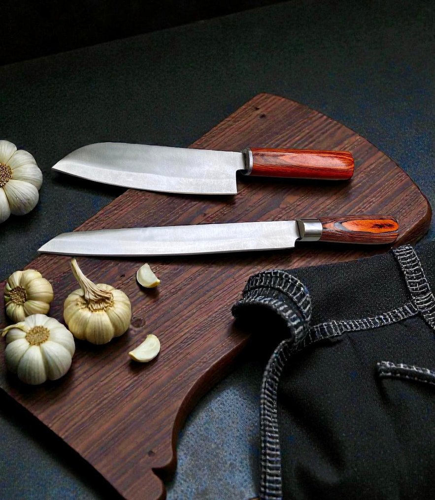 Set of TWO, Hand-Forged with Old Steel, Japanese Style Knives from Elite - Μαχαίρι κουζίνας - Chef's knife - Χάλυβας, Ξύλο, Εκλεπτυσμένο σετ 2 τεμαχίων, χειροποίητα ιαπωνικά παλιά ατσάλι, κλαστικά μαχαίρια - Ιαπωνία #1.0