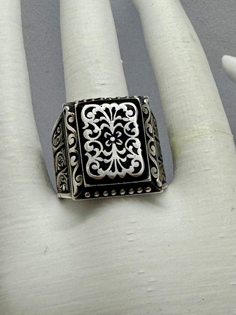 Ασημί, 925 Χειροποίητο χαραγμένο ανδρικό δαχτυλίδι - Δαχτυλίδι - Σχεδιασμός ασπίδας από σμάλτο. #3.2