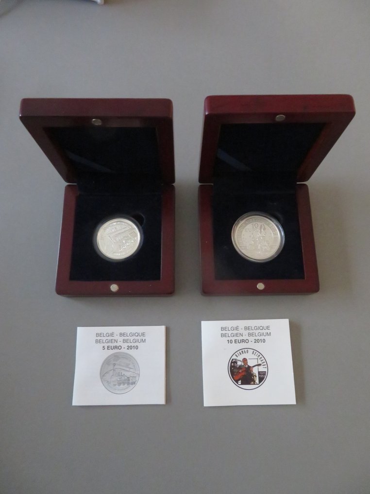 Belgium. 5, 10 Euro 2010 175 jaar Belgische spoorwegen / Django Reinhardt, 2 sets  (No Reserve Price) #1.0