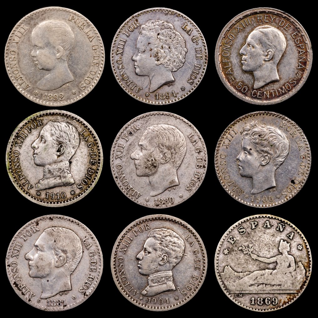 Spanyolország. Alfonso XII. 50 centimos 1869 - 1926 / Lote de 9 monedas  (Nincs minimálár) #1.0