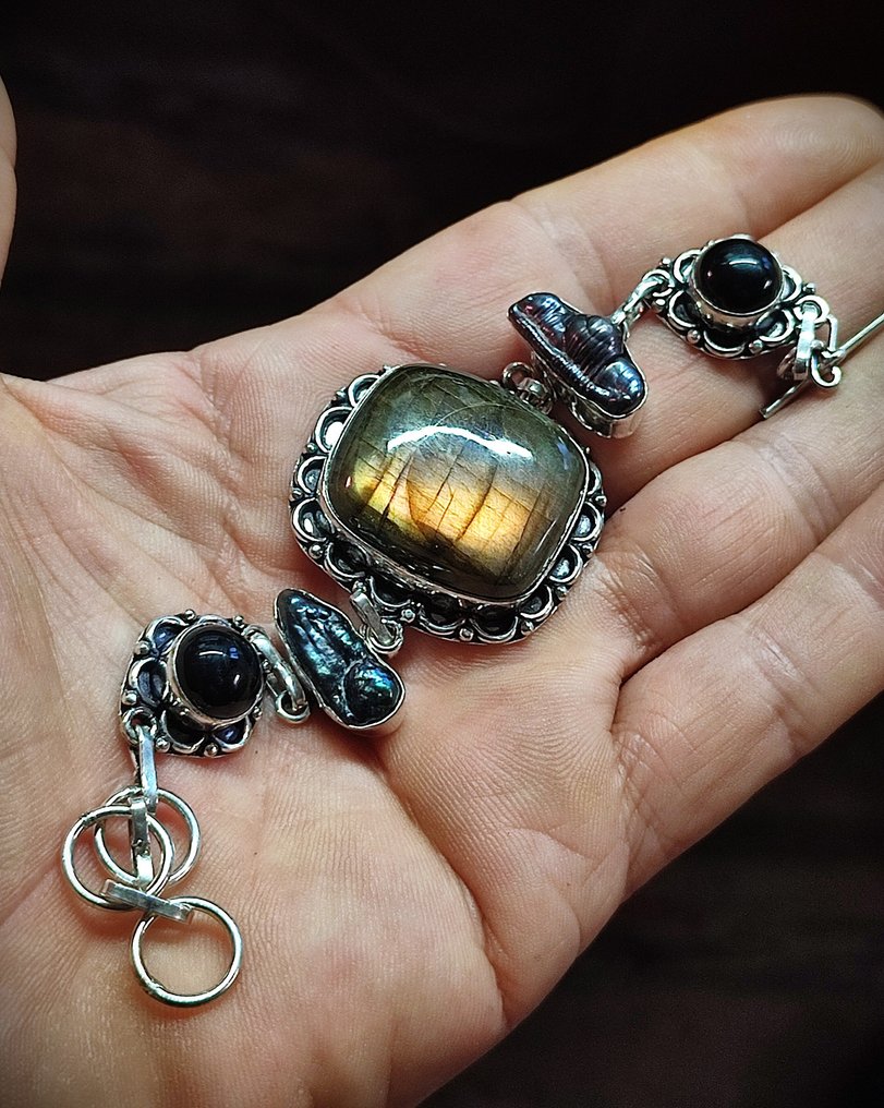 Schmuckstück ohne Mindestpreis, wunderschöne erste Qualität Labradorit- und Biwa-Perlen, - Armband #3.2