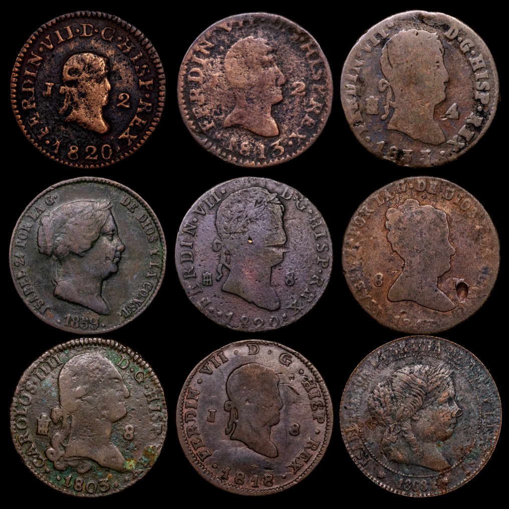 Spain. Fernando VII. Lote de 9 monedas 1803 - 1868 (No Reserve Price) #1.0
