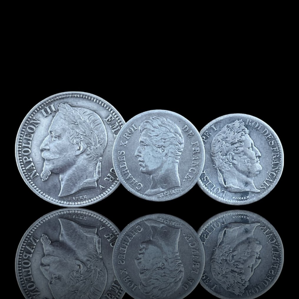 Frankrijk. Lote 3 moedas de prata: 1 Franc - Napoleon III, ½ Franc - Louis Philippe, ½ Franc - Charles X 1827-1868 (Zonder Minimumprijs) #1.0