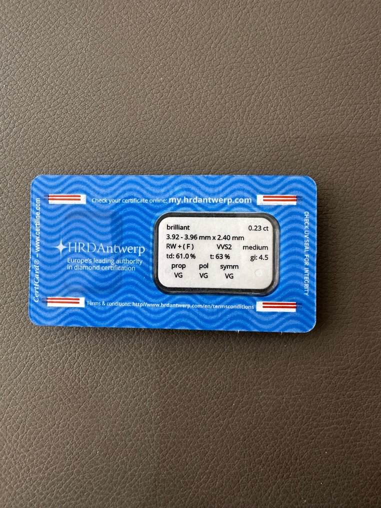 Nincs minimálár - 1 pcs Gyémánt (Természetes) - 0.23 ct - Kerek - F - VVS2 - HRD Antwerpen - *EX EX EX* #1.0