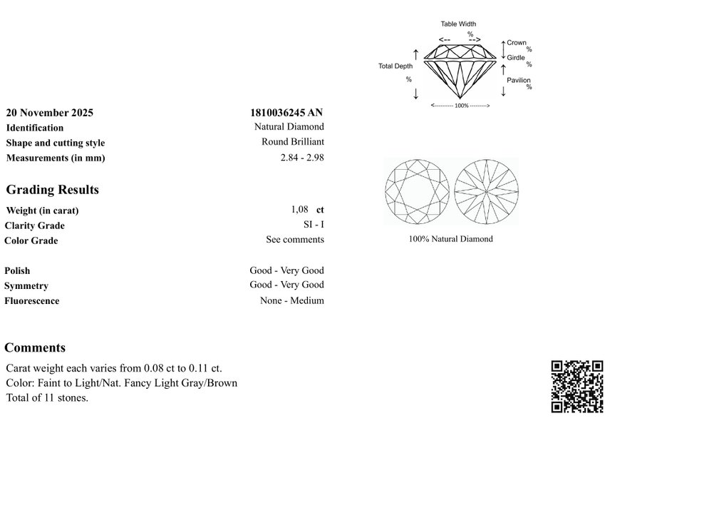 No reserve price - 11 pcs Diamond (Natural) - 1.08 ct - Round - SI1, SI2, I1, I2, I3 - Gem Report Antwerp (GRA) #3.2