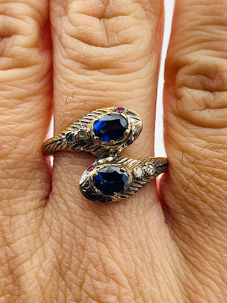 Senza Prezzo di Riserva - Anello - 9 kt Oro giallo, Argento Zaffiro - Diamante #3.2