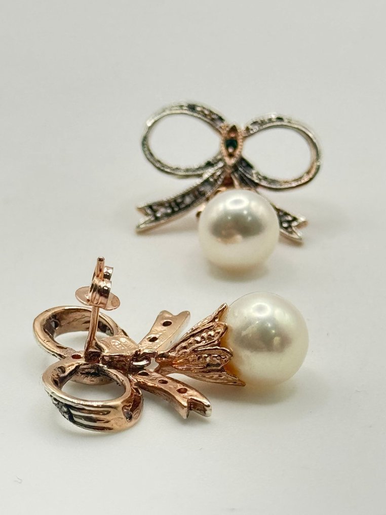 Nincs minimálár - Drop fülbevaló - 9 Kt Ezüst, Rózsa arany Smaragd - Gyémánt #2.1