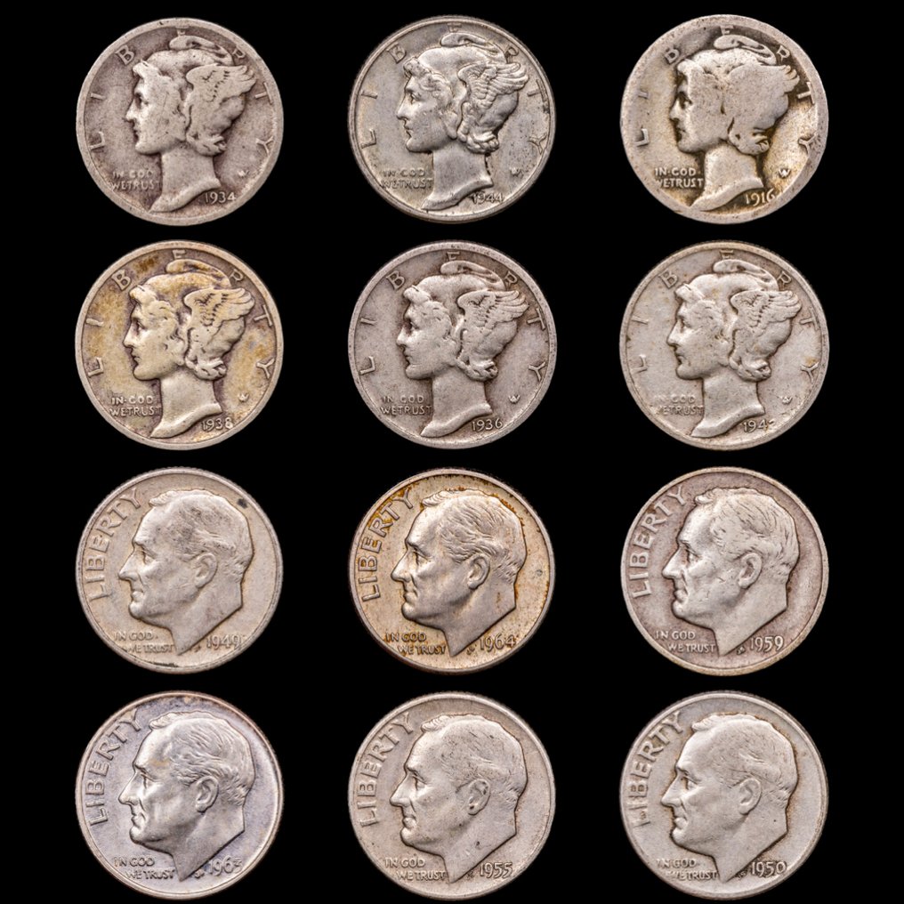 Ηνωμένες Πολιτείες. One Dime 1916 -1964 / 12 Monedas (χωρίς τιμή ασφαλείας) #1.0