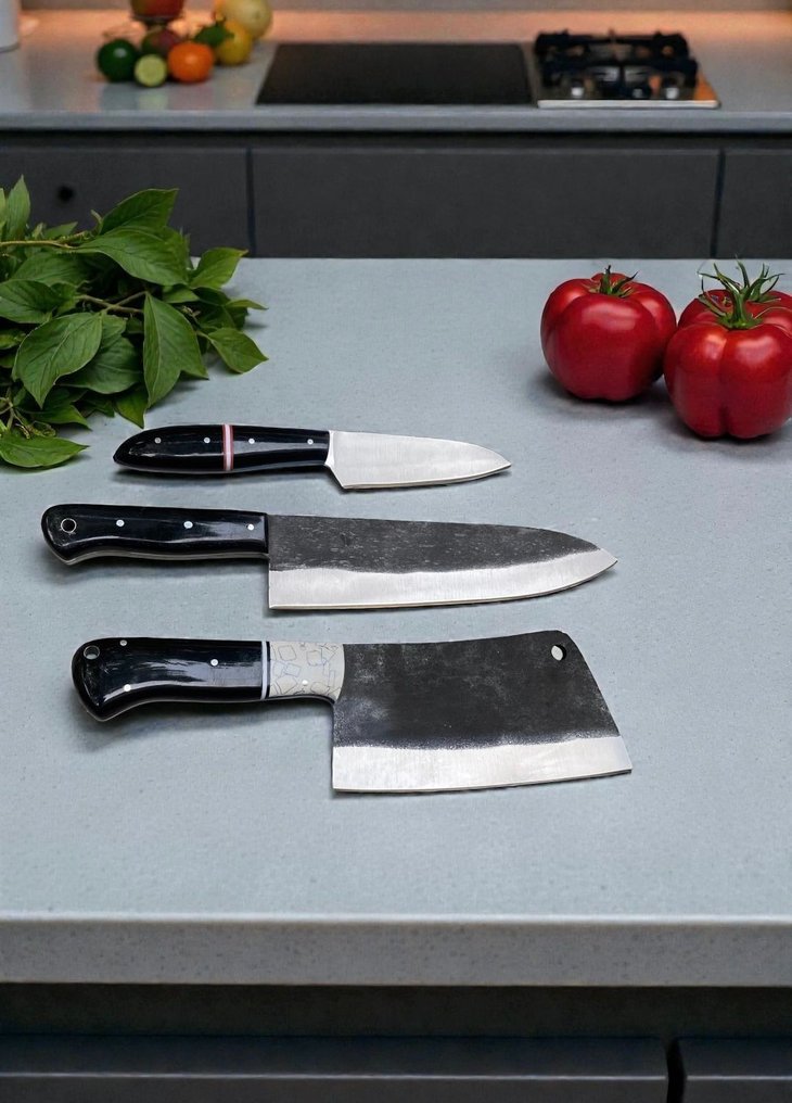 Set of THREE, Hand-Forged with Old Steel, Japanese Style Knives from Elite - Μαχαίρι κουζίνας - Chef's knife - Χάλυβας, Ξύλο, Εκλεκτό σετ 3 τεμαχίων, χειροποίητα σφυρηλατημένα ιαπωνικά παλαιά ατσάλι, αντίκες μαχαίρια - Ιαπωνία #3.2