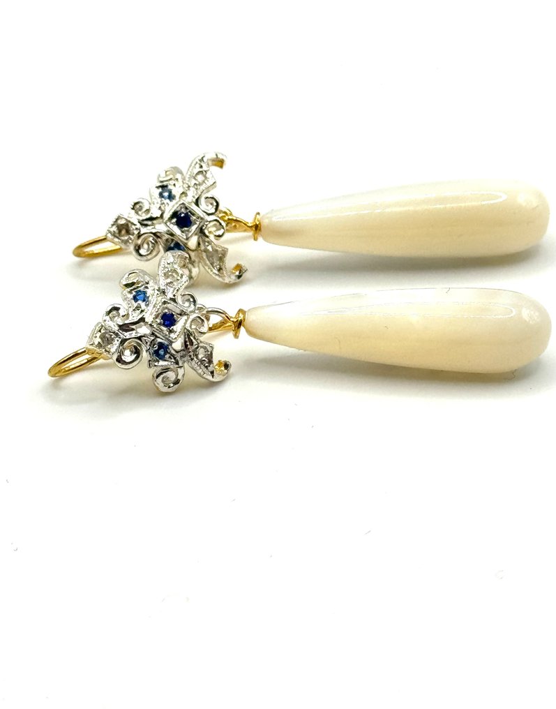 Nincs minimálár - Drop fülbevaló - 9 Kt Sárga arany, Ezüst Gyöngy - Gyémánt - zafír #1.0