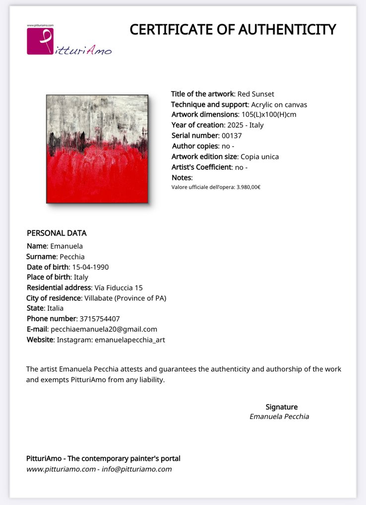 Emanuela Pecchia (1990) - XXXL- Red Sunset NO RESERVE #3.2
