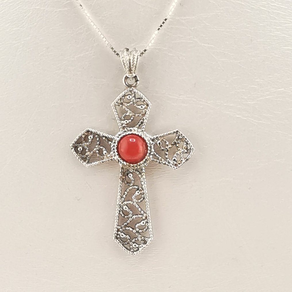 珊瑚 - 銀 - 吊墜頸鏈 - 手工制作 #3.2