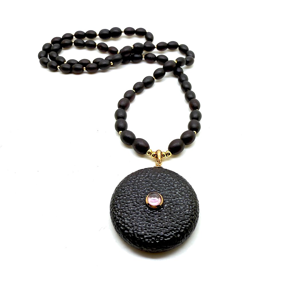 Ciondolo inciso e collana in ambra baltica con argento 925 e ametista - Ambra - Succinite / fossilized pine tree resin #2.1