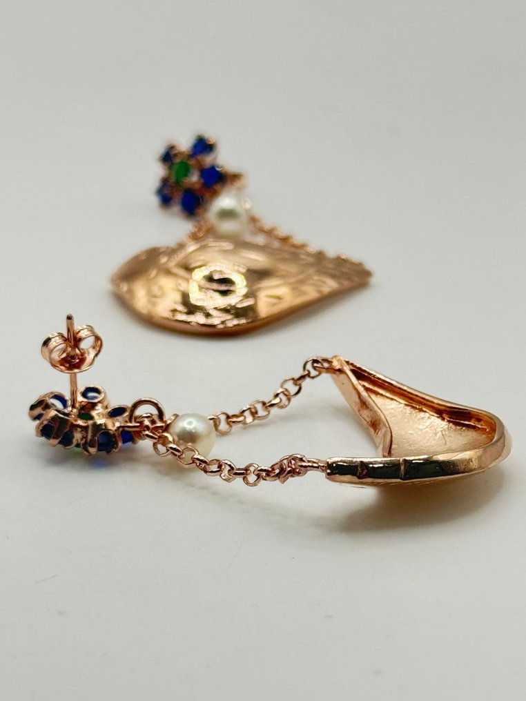 Zonder Minimumprijs - Oorbellen - 9 kt. Zilver, Roségoud Saffier - Smaragd #2.1