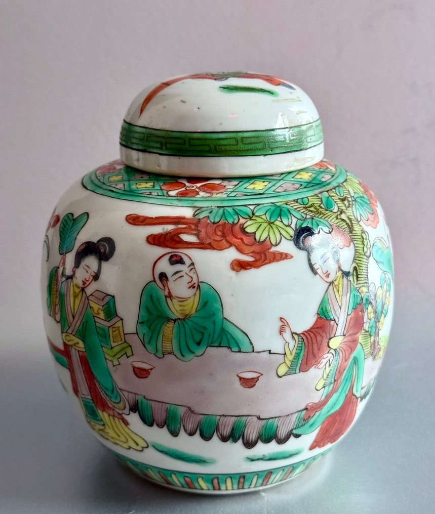 Geschilderde 'figuren' gemberpot - Tarro - Famille verte - Porcelana - buen estado #1.0