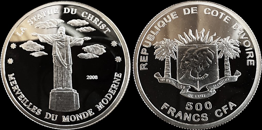 Ακτή Ελεφαντοστού. 500 Francs 2008 Chichen Itza and Statue of Christ, the 7 Modern Wonders (Silver Proof) (χωρίς τιμή ασφαλείας) #2.1