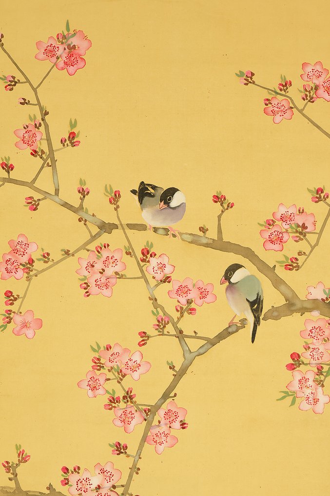 Two Java Sparrows and Red Plum Blossoms - Nemoto Seppo 根本雪篷 (b1878) - Japan (No Reserve Price) #4.3