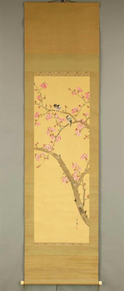 Two Java Sparrows and Red Plum Blossoms - Nemoto Seppo 根本雪篷 (b1878) - Japan (No Reserve Price) #1.0