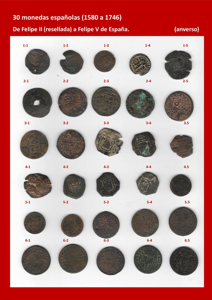 Spanyolország. Lote de 30 monedas españolas 1580 / 1716 (Nincs minimálár) #1.0