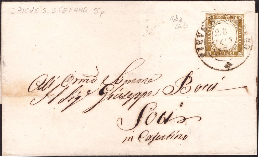 Αρχαία ιταλικά κράτη - Σαρδηνία 1862/1862 - Επιστολή με 10 κ. από Pieve S. Stefano, 5 σημεία. - Sassone 14Da #1.0