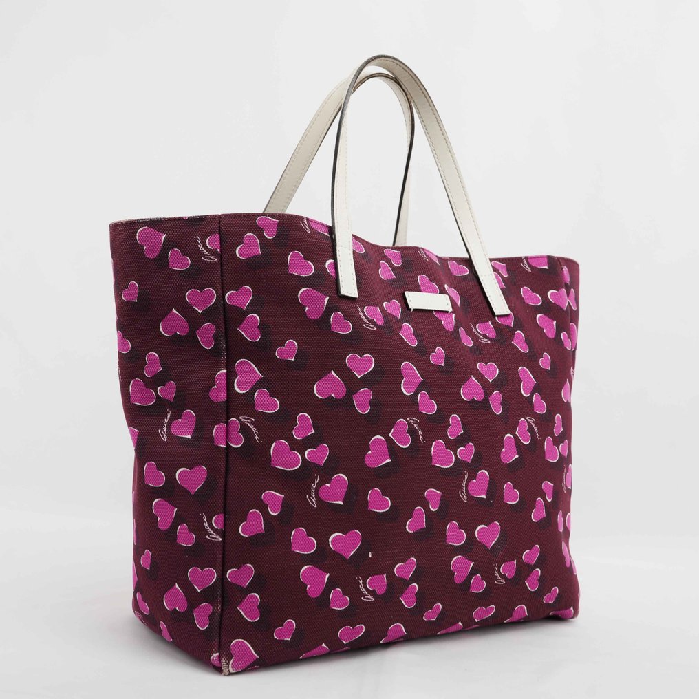 Gucci - Gucci Pink Heart Print Canvas Tote Bag with White Leather Handles - Handbag #1.0