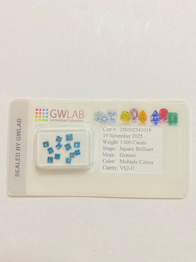 Zonder minimumprijs - 12 pcs Diamant (Kleurbehandeld) - 1.00 ct - Carré Blauw, Groen - VS2, P1 - Gemewizard Gemological Laboratory (GWLab) #1.0