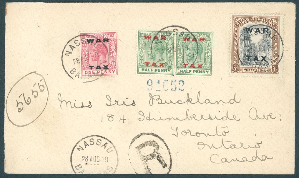 Brit Közösség - Bahama-szigetek 1919 - Brit Közösség - Bahama-szigetek - 3 P War Tax 1919 mit Zusatzfrankatur auf E-Brief aus Nassau über New York nach Toronto #1.0