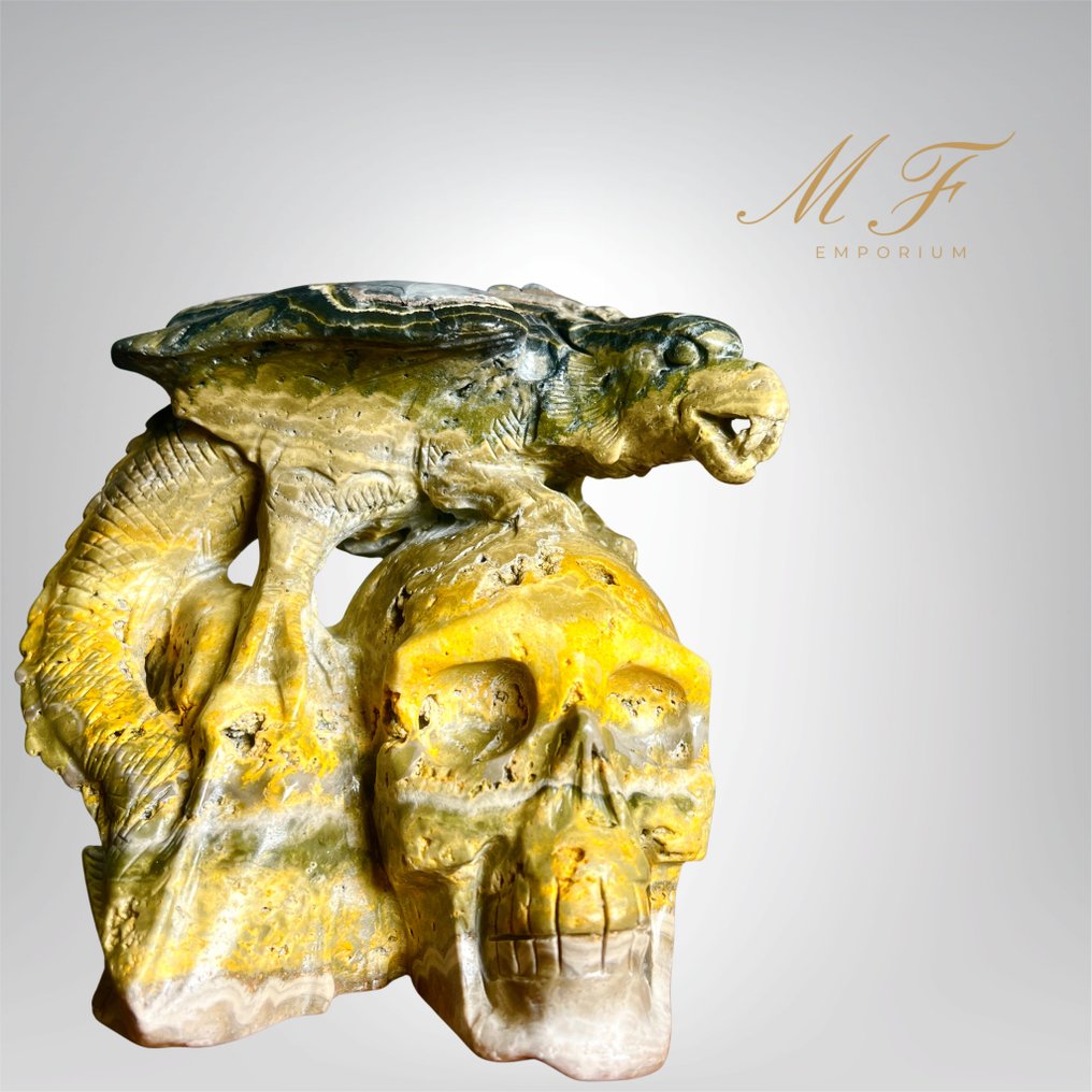 Very rare - skull and dragon on Bumble jasper XXL Carving - Height: 150 mm - Width: 160 mm- 2000 g - (1) #1.0