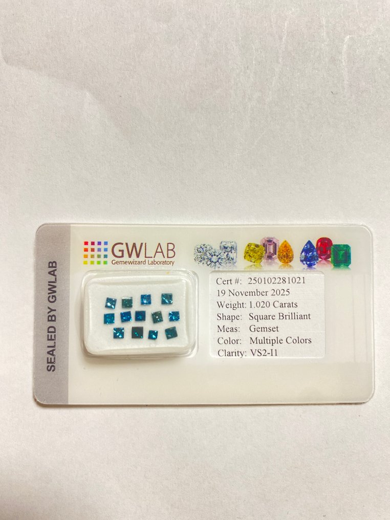 没有保留价 - 12 pcs 钻石  (经彩色处理)  - 1.02 ct - 方形 - VS2 轻微内含二级, I1 内含一级 - Gemewizard宝石实验室（GWLab） #1.0