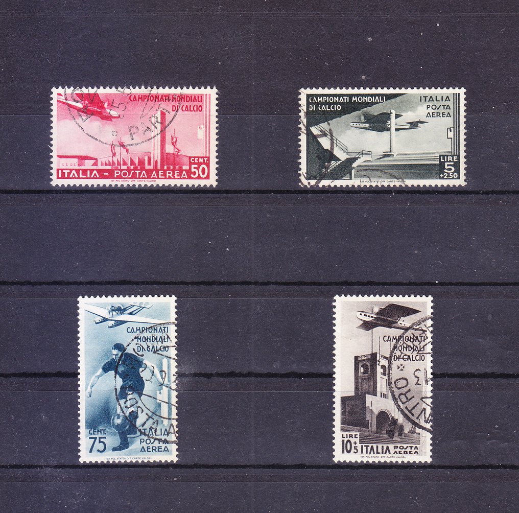 Ιταλία Βασίλειο 1934 - Regno Usato: Παγκόσμιοι Πόλεμοι Ποδοσφαίρου - Αεροπορική αλληλογραφία - υπογραφές Raybaudi, Sorani - Sassone: nn. A69-70-71-72 #1.0