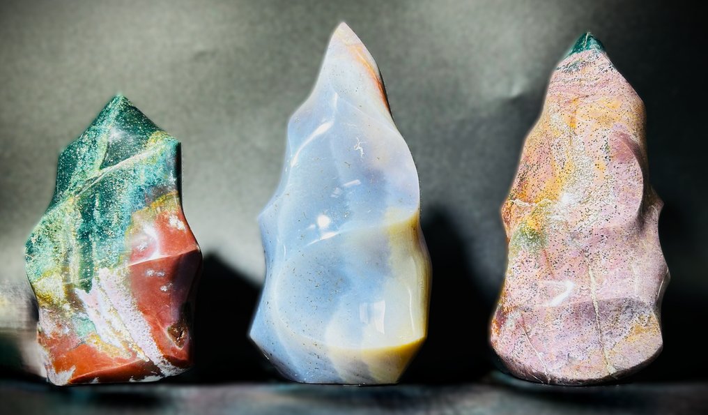 ***NO RESERVE*** Ocean Jasper Crystal Flames – Calming Multicolor Trio for Energy & Décor - Height: 0 mm - Width: 0 mm- 2128 g - (1) #2.1