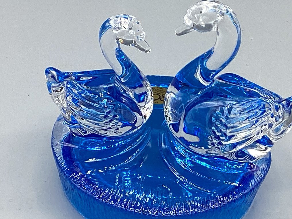 RCR - Cristalleria Toscana Vintage - Statuetta - Coppia di cigni realizzati in cristallo pieno trasparente con inserzioni di colore blu zaffiro - Cristallo #3.2
