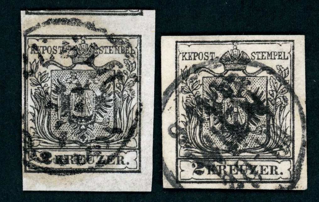 Autriche 1850 - Autriche 1ère édition - 2 Kabinettmarken 2 Kr schwarz auf Handpapierund auf Maschinenpapier Mi.Nr. 2 XaI und 2 YaIII #1.0