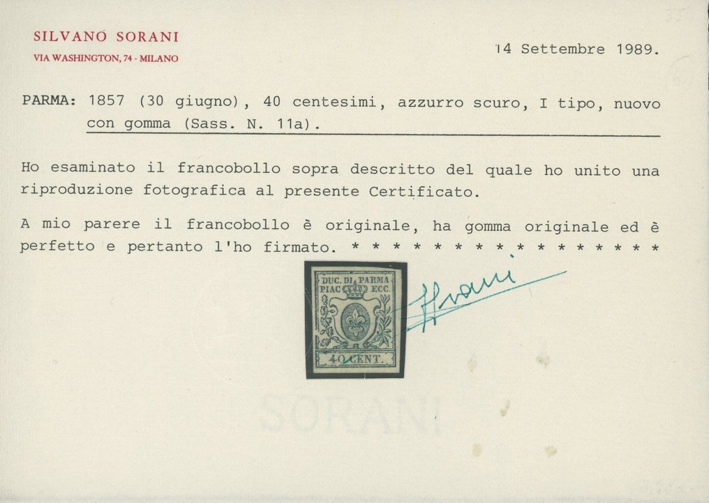 意大利古國-帕爾馬 1857 - Giglio Borbonico 和 公爵皇冠,深蓝色,第三版新型带橡胶,40分,Sorani - Sassone n.11a #2.1