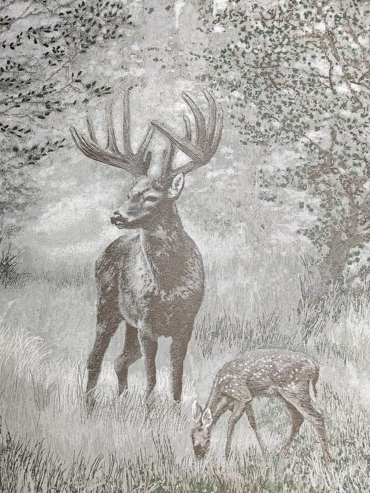 Rare Jacquard fabric in green alpaca wool - 185x140cm - Deer with a small one in the woods - Textile  - 185 cm - 140 cm #3.2