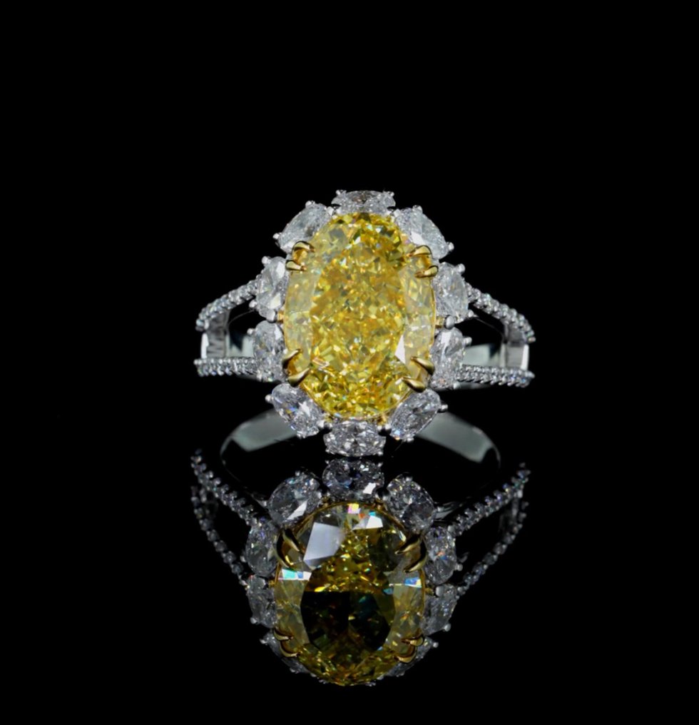Δαχτυλίδι - 14 καράτια Λευκός χρυσός -  7.14ct. tw. Κίτρινο Διαμάντι (Διαμάντια εργαστηριακής καλλιέργειας με φανταχτερά χρώματα) - Διαμάντι #4.3