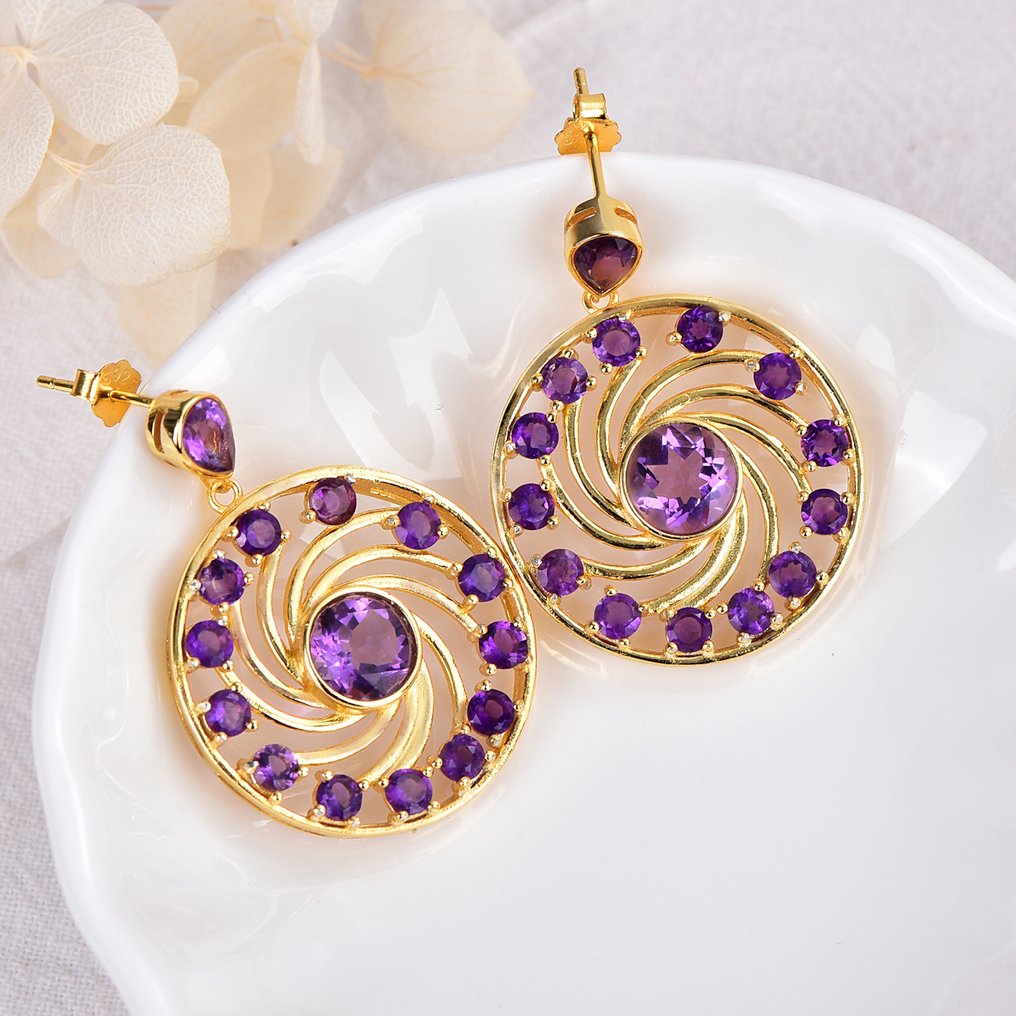 沒有保留價 - 耳環 銀 - Amethyst - 认证 #1.0