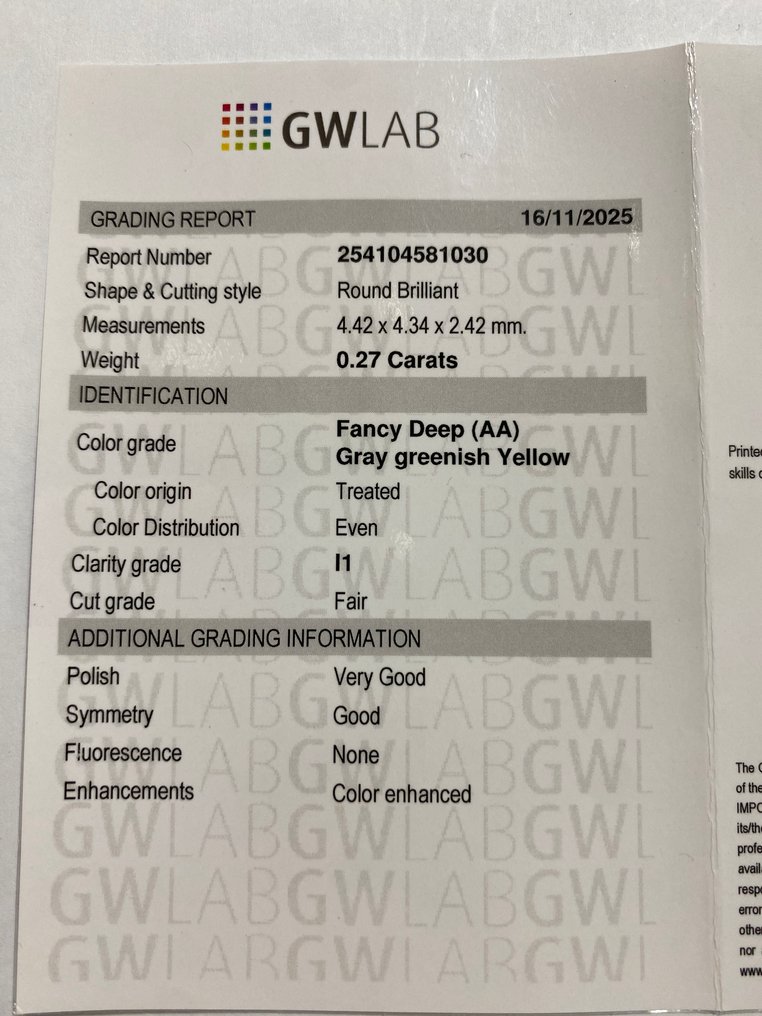 Nincs minimálár - 1 pcs Gyémánt (Színkezelt) - 0.27 ct - Kerek - Fancy deep Szürkés, Zöldes, Sárgás Sárga, Zöld, Szürke - I1 - Gemewizard Gemmológiai Laboratórium (GWLab) #3.2