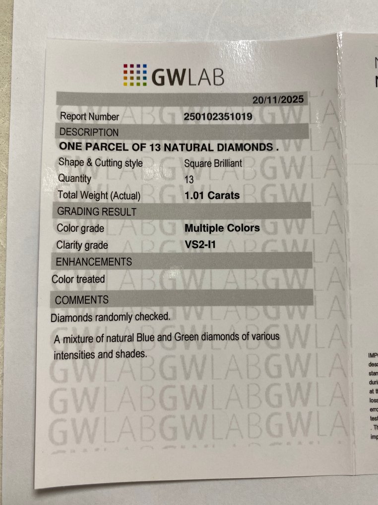 没有保留价 - 13 pcs 钻石 (经彩色处理) - 1.01 ct - 方形 - VS2 轻微内含二级, I1 内含一级 - Gemewizard宝石实验室(GWLab) #3.2