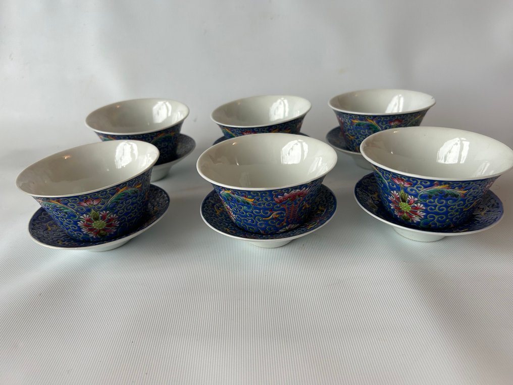 Blauw met roze kop en schotels - Cup and saucer (6) - Kop en schotels - Bone china - 6 cups and saucers #1.0