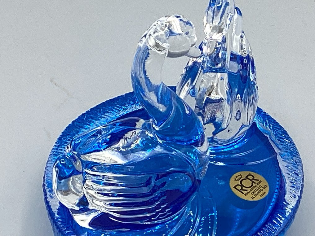 RCR - Cristalleria Toscana Vintage - Statuetta - Coppia di cigni realizzati in cristallo pieno trasparente con inserzioni di colore blu zaffiro - Cristallo #2.1