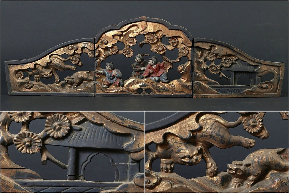 Taittuva sermi - Tiikerit, kiinalaiset hahmot ja paviljonki - Japani - Edo Period (1600-1868) #1.0